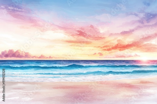 Tranquil sunset at a peaceful beach ocean view digital artwork soft waves serene environment calming concept