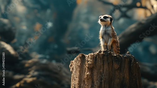 Meerkat on tree stump, zoo habitat, alert posture, natural setting photo