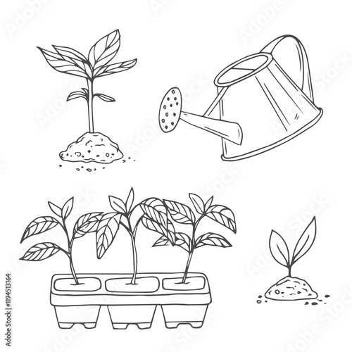 Sprouts set in sketch style. Garden seedlings, vector illustration.