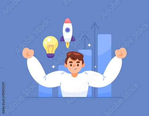 concept of development or self-development. performance continues to improve and become better. improvement and potential. illustration of a man whose skills continue to improve. flat style design