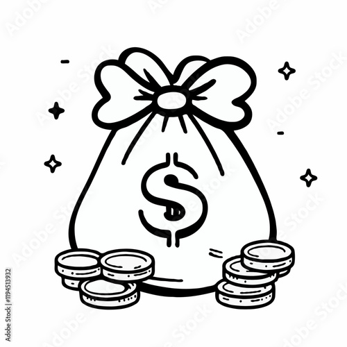 Money bag with coins illustration in black and white