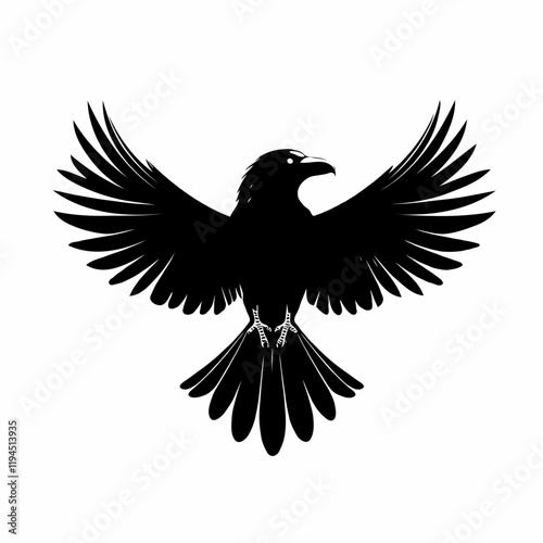 Black raven with spread wings on gray background