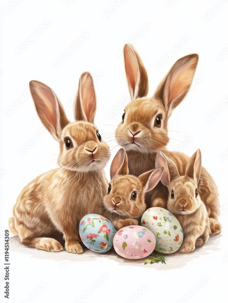 Obraz premium Illustration of a group of bunnies and easter eggs on a white background