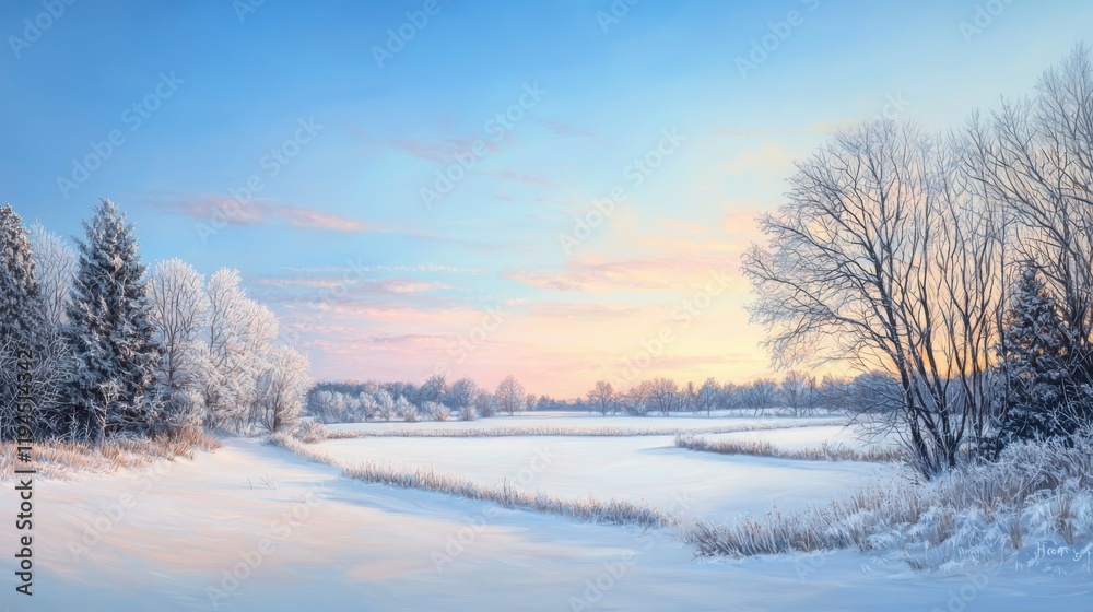 Tranquil winter morning landscape frosted trees and soft pastel skies nature photography serene environment early light viewpoint calmness concept Tranquil winter morning landscape frosted trees and soft pastel skies nature photography serene environment early light viewpoint calmness concept
