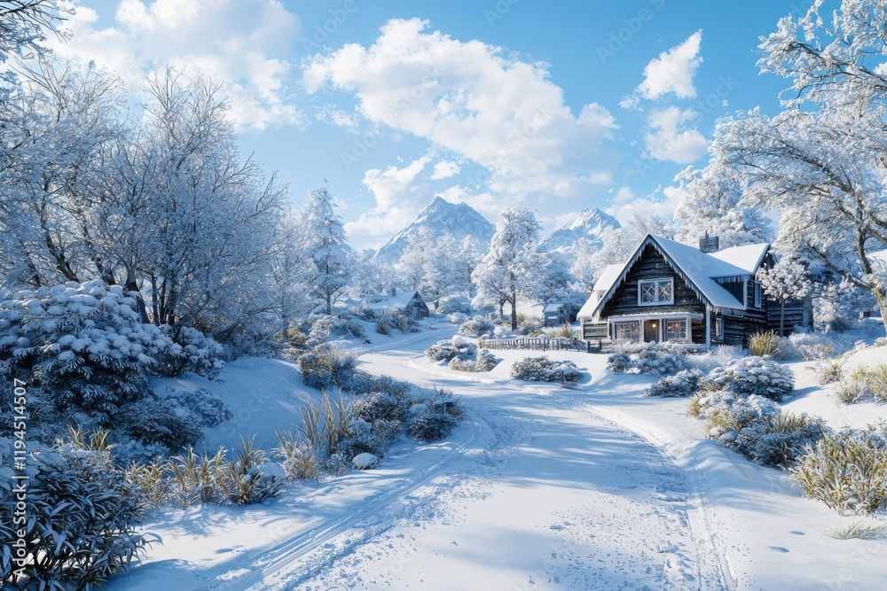 Winter wonderland scene with frosted trees and charming cottage snow-covered pathway in a serene landscape tranquil outdoor environment Winter wonderland scene with frosted trees and charming cottage snow-covered pathway in a serene landscape tranquil outdoor environment