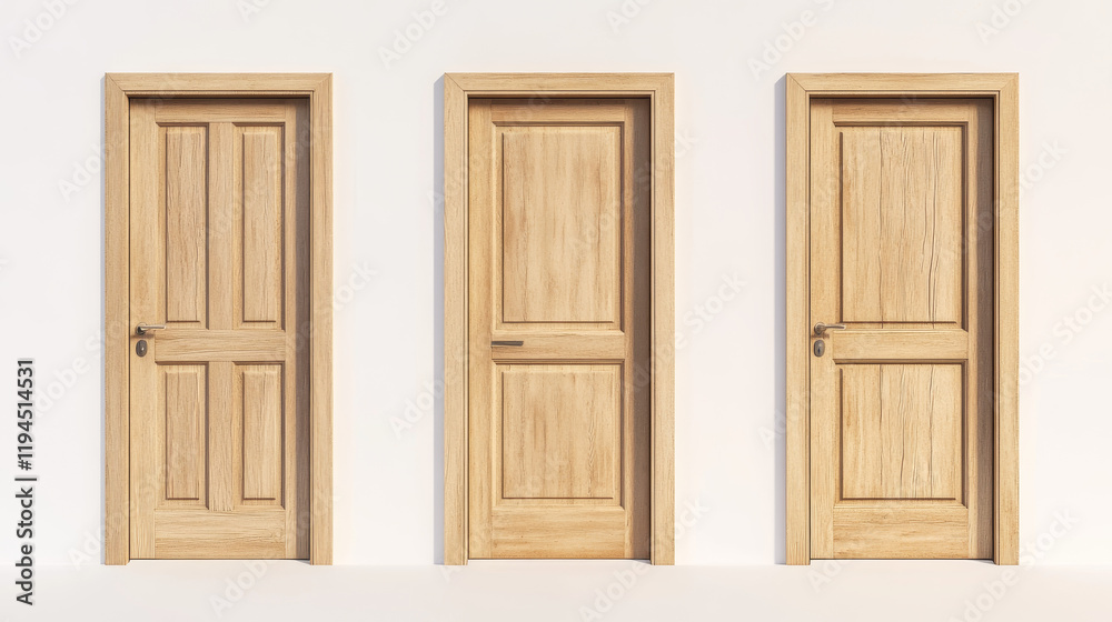 Closed, ajar and open wooden front door. Realistic 3d vector illustration set of sequence step of entrance opening. House or office interior element with light wood texture. Doorway with handle mockup Closed, ajar and open wooden front door. Realistic 3d vector illustration set of sequence step of entrance opening. House or office interior element with light wood texture. Doorway with handle mockup