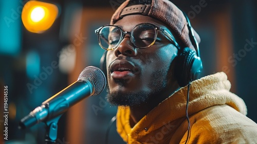 In a lively recording studio, an African man passionately expresses himself while rapping into a microphone. His energy resonates as he wears headphones, fully immersed in his craft