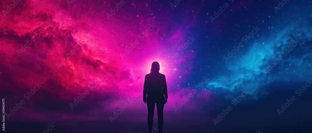 Fototapeta premium A silhouette of a figure stands against a vibrant cosmic backdrop of purple and blue hues, evoking a sense of wonder and exploration.