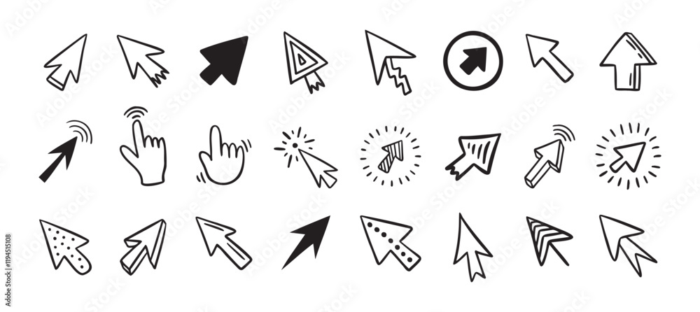Cursor doodle icon set. Click cursor hand drawn set. Isolated mouse cursor Cursor doodle icon set. Click cursor hand drawn set. Isolated mouse cursor