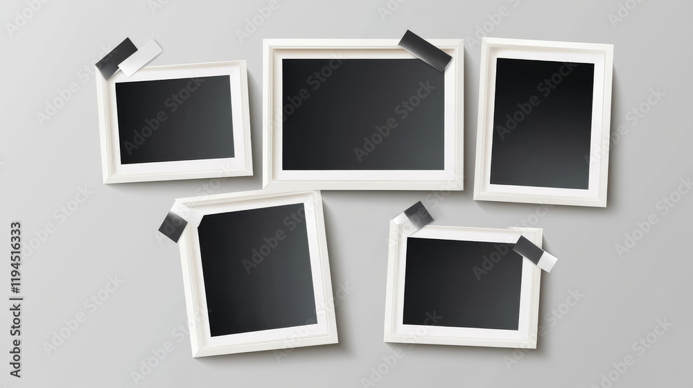 Realistic set of instant photo collage attached to wall with sticky tape. Vector illustration of square and rectangular blank paper photographs in white frames isolated on transparent background Realistic set of instant photo collage attached to wall with sticky tape. Vector illustration of square and rectangular blank paper photographs in white frames isolated on transparent background