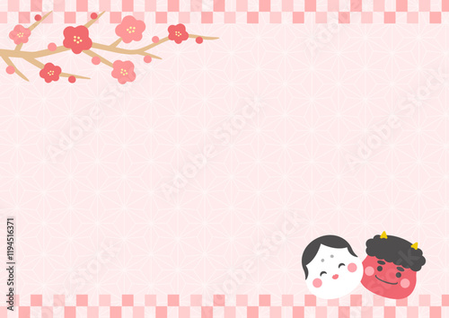 節分の鬼とおたふくと梅の和柄の背景のベクターイラスト05