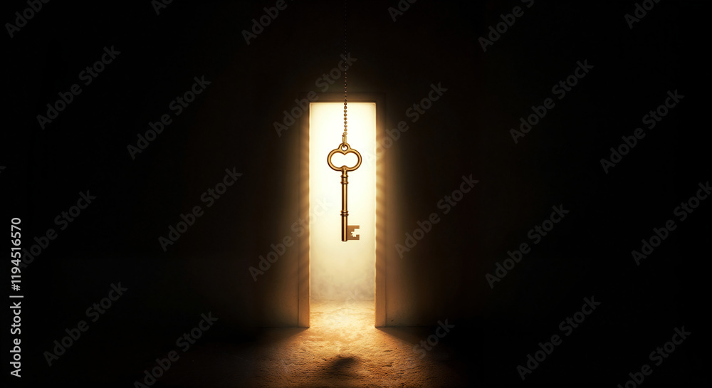Naklejka premium the key hangs against the background of a glowing doorway . Generative AI