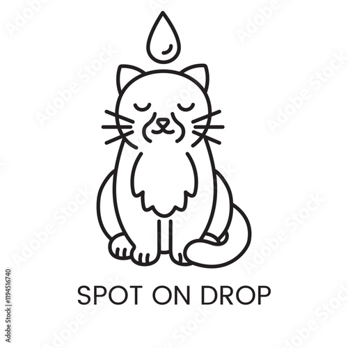 An icon of a seated cat with a drop in vector, symbolizing spot-on treatment for pets, with an editable stroke