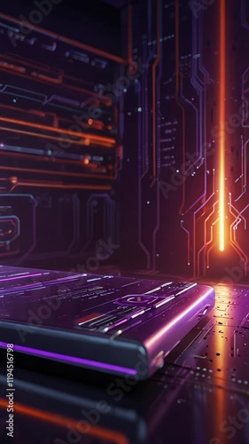 Futuristic Tech Scene, Metallic Device on Circuit Board, Glowing Screen with Data Patterns, Advanced Technology and Innovation