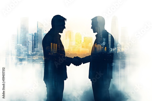 Double Exposure of Business Partnership Handshake Silhouette Against Modern Urban Cityscape Background, Symbolizing Corporate Success and Professional Collaboration