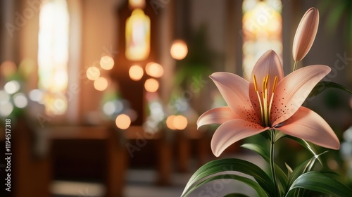 Lilium longiflorum (Easter lily) on bokeh church background photo