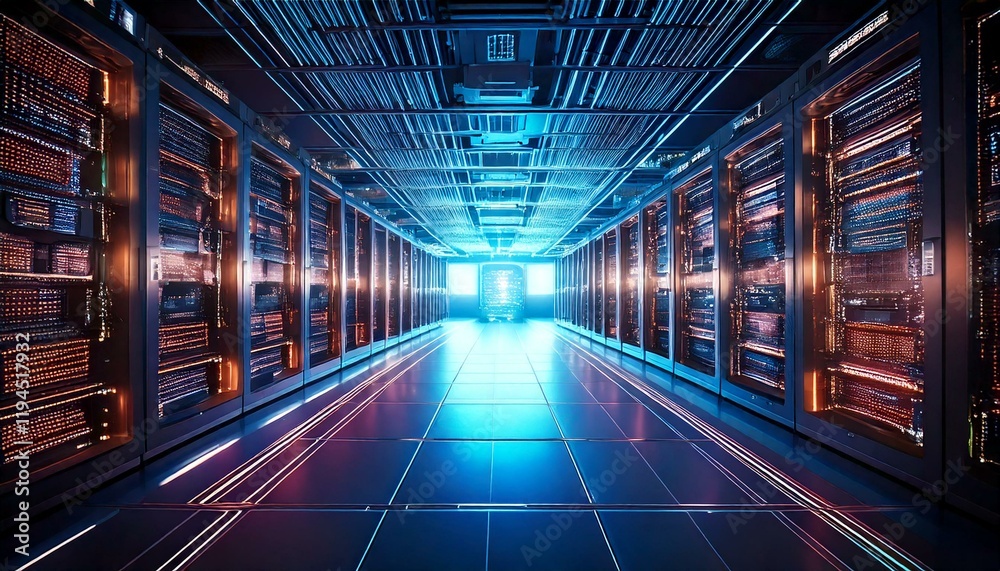 Fototapeta premium A futuristic quantum computer data center, filled with glowing quantum processors and complex circuitry, surrounded by vibrant neon lights and advanced technology in a high-tech environment.