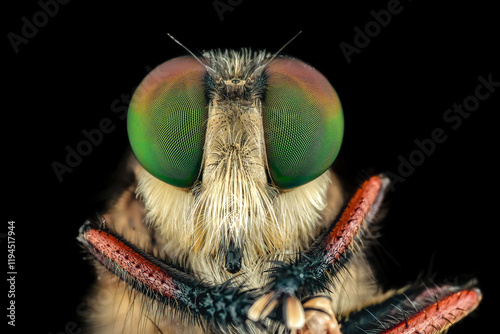 Closeup of robber fly with prey photo