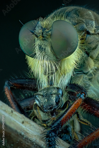 Closeup of robber fly with prey photo