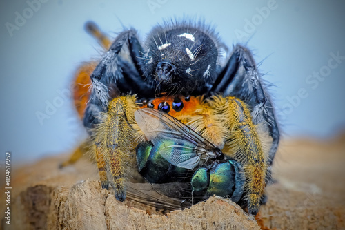 closeup of Jumping spider with prey photo