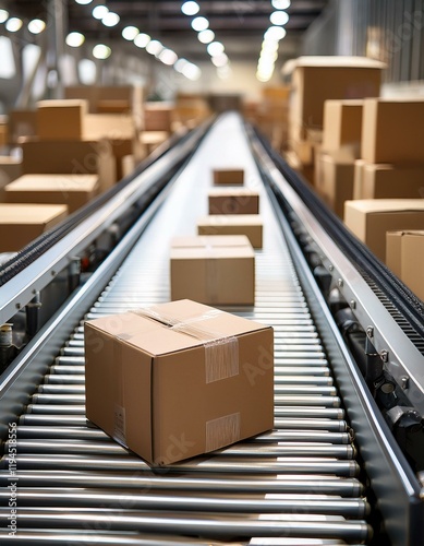 Generated image Closeup of multiple cardboard box packages seamlessly moving along a conveyor belt in a warehouse