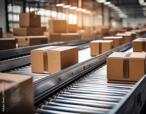 Generated image Closeup of multiple cardboard box packages seamlessly moving along a conveyor belt in a warehouse