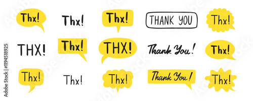THX speech bubble yellow bright set. Thank you hand drawn quote text. Doodle thx phrase.
