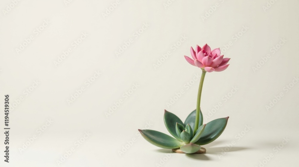 Fototapeta premium Delicate Pink Blossom Emerging from Succulent Rosette Against a Soft, Neutral Background