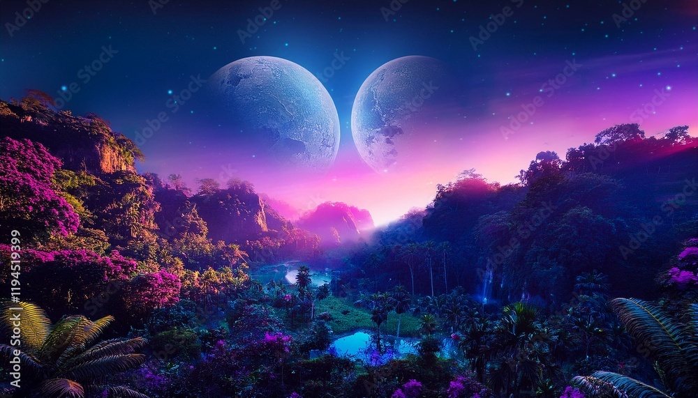 A vibrant alien jungle under a purple sky, with two large moons glowing brightly and casting their light over the lush, otherworldly landscape. A vibrant alien jungle under a purple sky, with two large moons glowing brightly and casting their light over the lush, otherworldly landscape.
