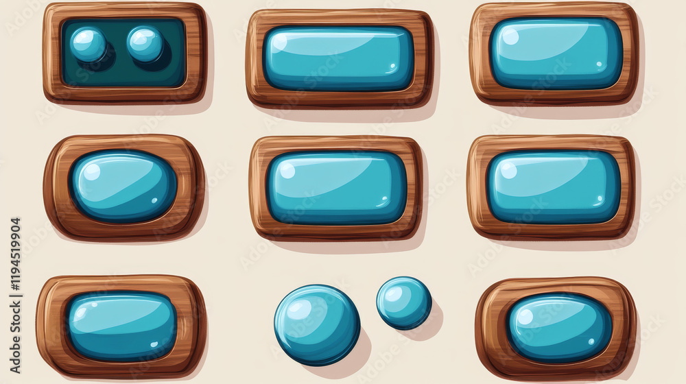 Game UI Juicy Blue Buttons Set With Wooden Borders Cute Colorful Cartoon Vector Design Game UI Juicy Blue Buttons Set With Wooden Borders Cute Colorful Cartoon Vector Design