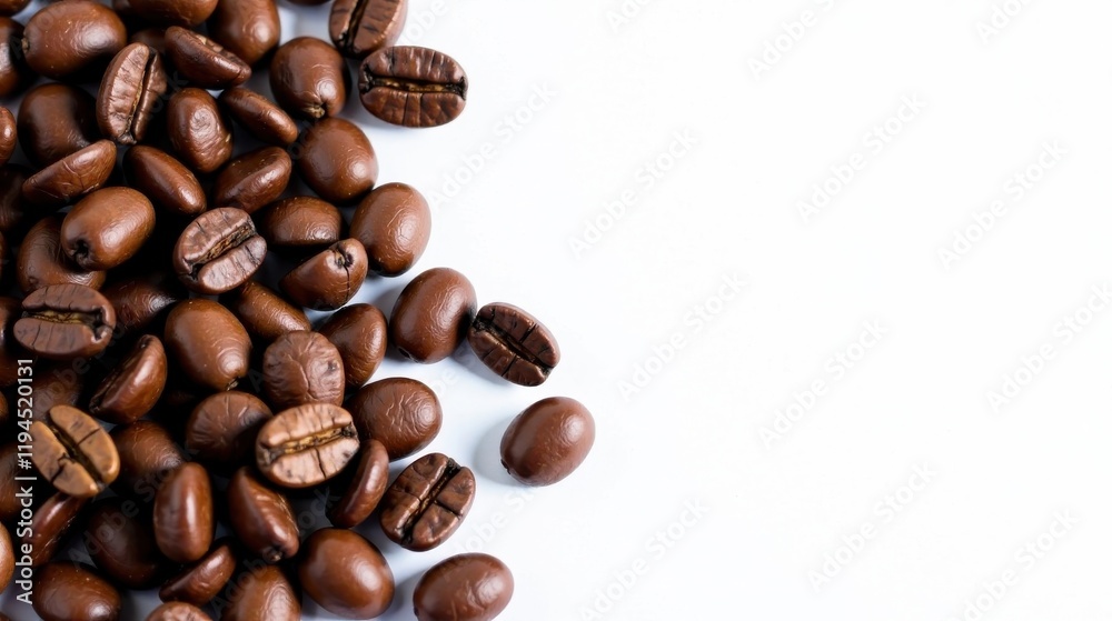 Fototapeta premium Aromatic Roasted Coffee Beans Scattered on a Plain White Background, Ideal for Packaging, Menus, or Web Design Projects