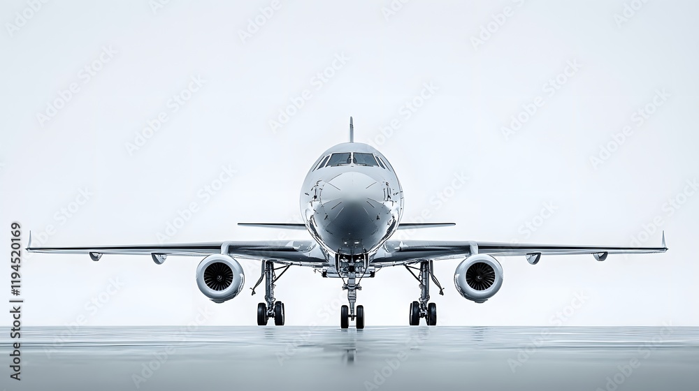 Naklejka premium Silver Airplane Front View on Runway