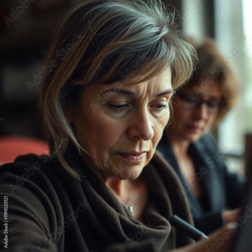 A middle-aged mother uses a laptop while conversing with her daughter in a cozy home office. The scene is illuminated with warm, contrasting chiaroscuro lighting, featuring strong contrasts, deep shad