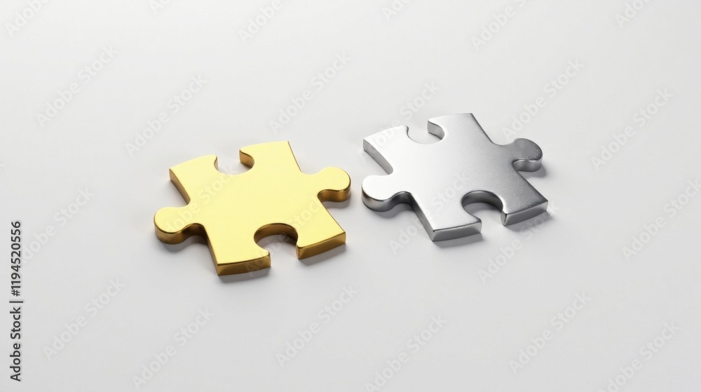 Fototapeta premium Two metallic puzzle pieces, one gold and one silver, rest on a neutral surface, symbolizing connection, collaboration, and the completion of a task.