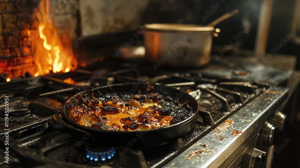Tray of black charred casserole on stovetop. Spoiled ruined dish, julienne are burnt in oven. Food was overcooked. Bad cook, housewife. Fire in the kitchen. Tray of black charred casserole on stovetop. Spoiled ruined dish, julienne are burnt in oven. Food was overcooked. Bad cook, housewife. Fire in the kitchen.