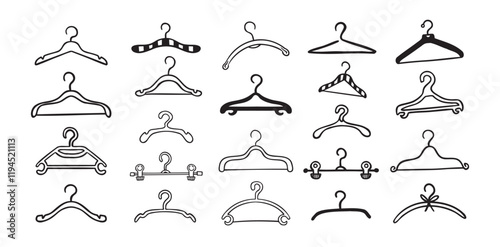 Hand drawn doodle clothes hangers set. Vector fashion hanger icon collection.