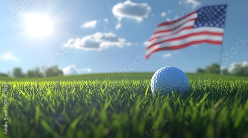 Golf Ball on Green with American Flag in Background