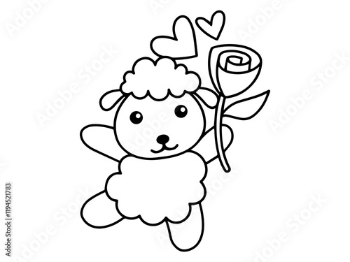 Valentine Day Sheep Holding Rose Outline