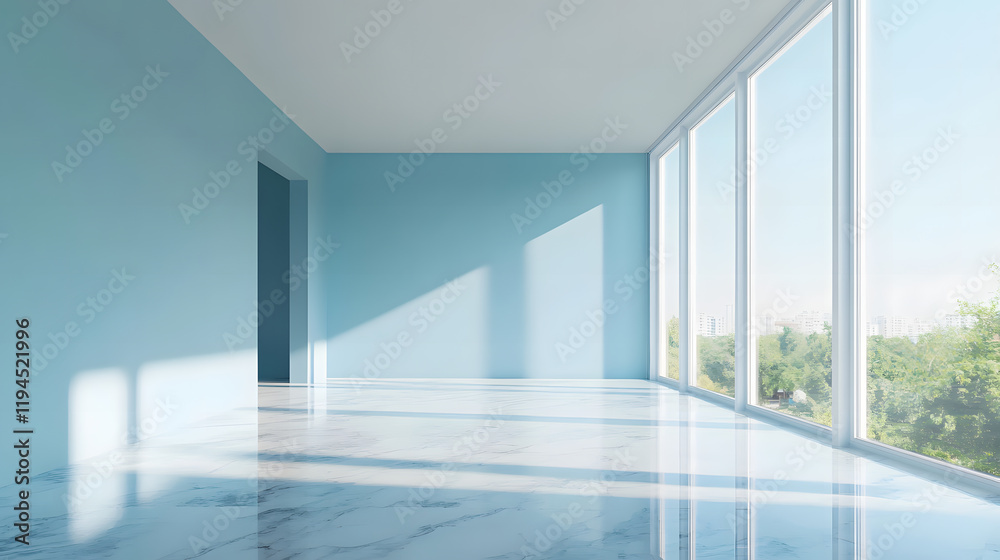 Fototapeta premium Large open space with blue accents and glass panels.
