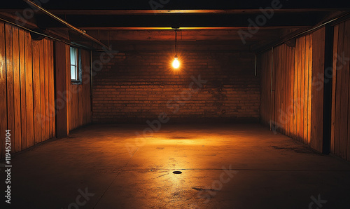 dark empty room with a single flickering light bulb casting long shadows, emphasizing absence of power and eerie atmosphere.  Focus on the minimalist setting and the light bulb's glow.
