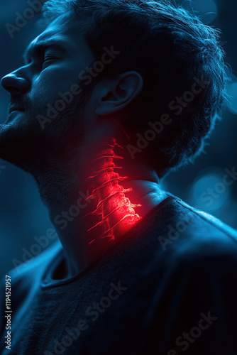 Digital medical concept showing spine discomfort or neck pain in blue lighting
