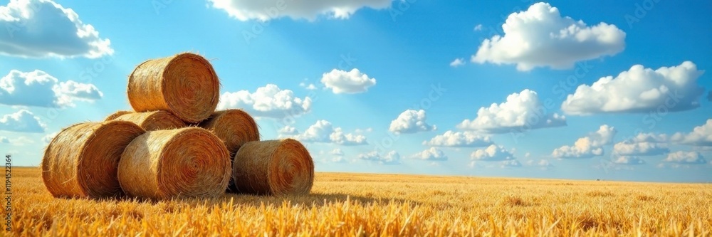 Neatly stacked hay bales against a backdrop of bright blue sky and puffy cumulus clouds , landscape, clouds Neatly stacked hay bales against a backdrop of bright blue sky and puffy cumulus clouds , landscape, clouds