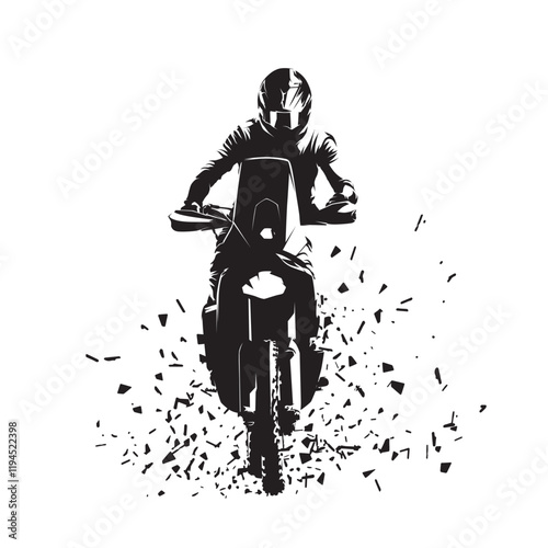 Rally motorcycle, isolated vector silhouette with dispersion effect, front view motocross motorbike. Desert rally adventure logo