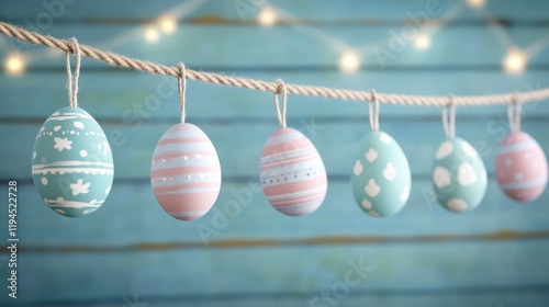 Decorative easter eggs hanging on thin rope, card with wishes in portuguese, light planks in the background/Have a peaceful easter!/Happy Easter photo