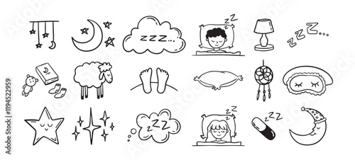 Hand drawn doodle Set of Sleep Related. Sleeping drawing icons