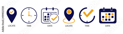 Date, time and location icons. Calendar icon symbol, clock sign, location pin signs. Vector illustration.