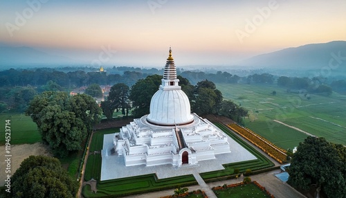 Generated image Aerial shot of Lumbini’s Maya Devi Temple surrounded by peaceful gardens