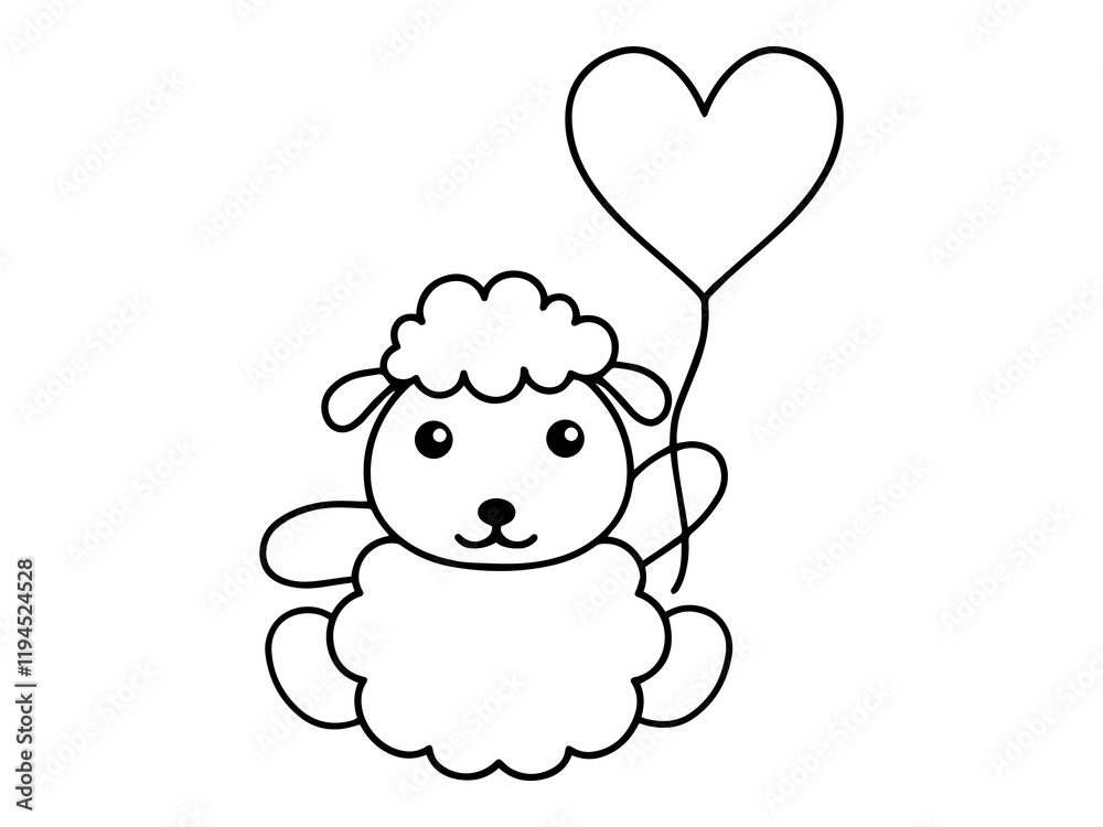 Valentines Day Sheep Holding Balloon Line Art Valentines Day Sheep Holding Balloon Line Art