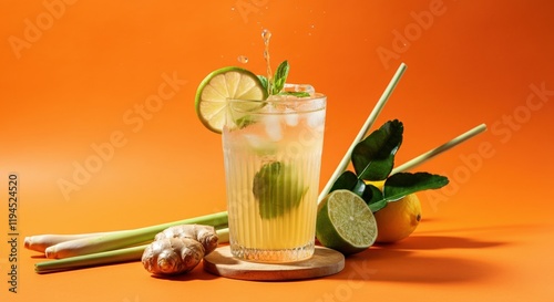 Refreshing ginger lime drink with lemongrass and mint on a vibrant background photo