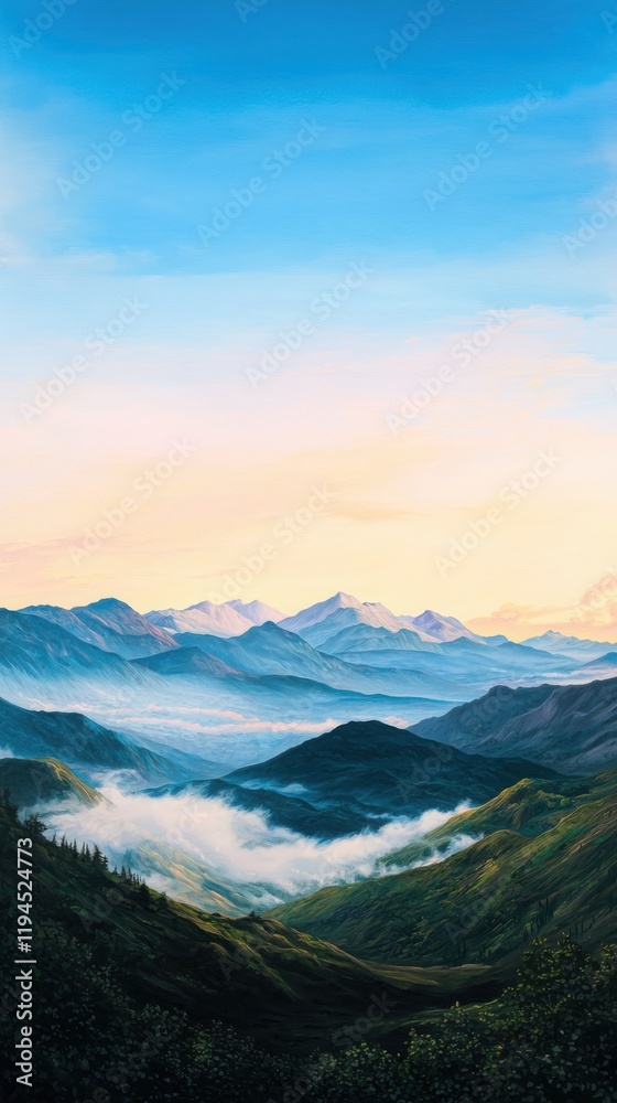Fototapeta premium Serene dawn at a mountain landscape tranquil nature scene soft hues in the sky gentle slopes harmonious visual peaceful environment